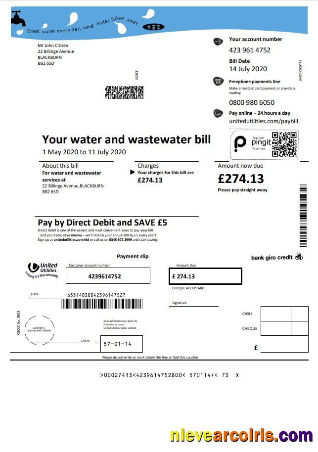 United Kingdom United Utilities water utility bill